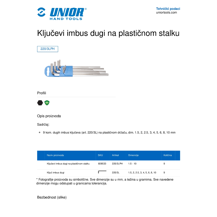UNIOR GARNITURA INBUS KLJUČEVA 1.5-10/9 PHU220/3L Ecomex
