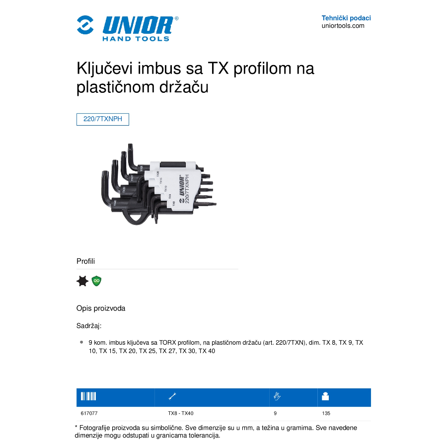UNIOR GARNITURA TORX KLJUČEVA 9-40/8PH U220/7TXN Ecomex