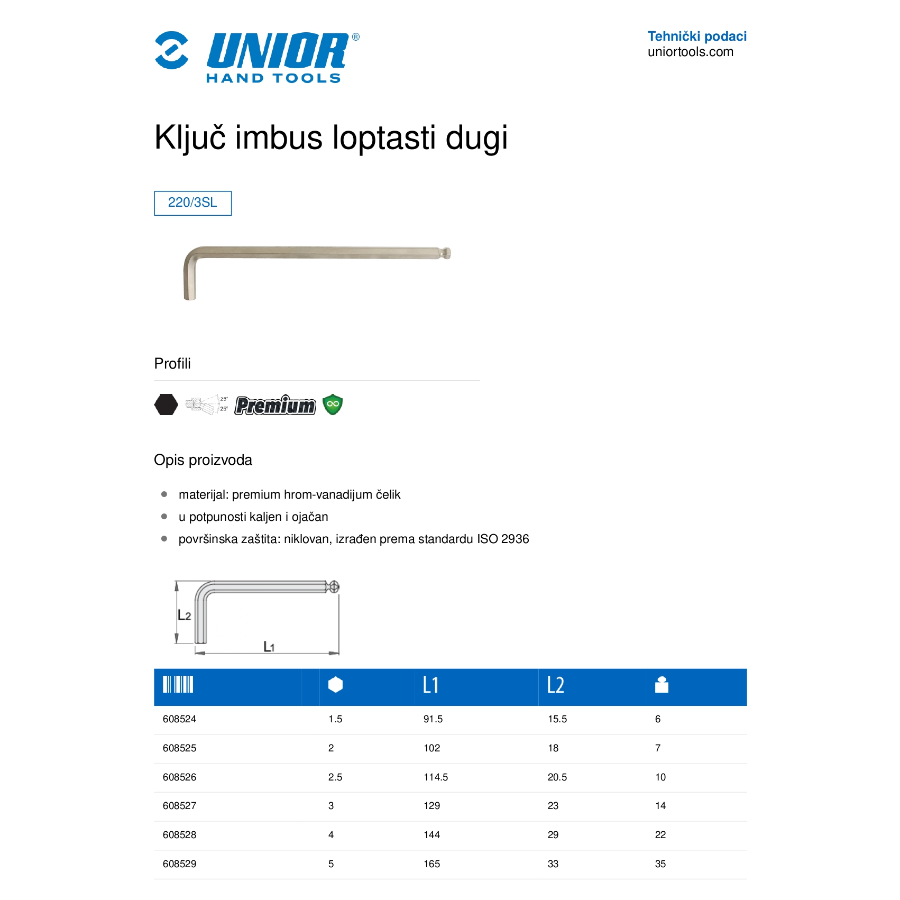 UNIOR KLJUČ IMBUS LOPTASTI DUGI 6 U220/3SL Ecomex