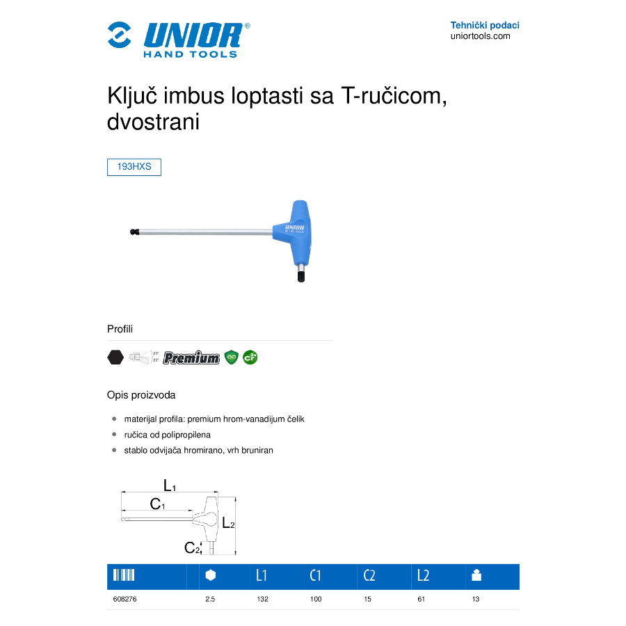 UNIOR KLJUČ IMBUS LOPTASTI T-RUČICA 8 U193HXS Ecomex