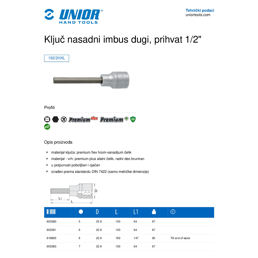 UNIOR KLJUČ NASADNI IMBUS DUGI 7 1/2
