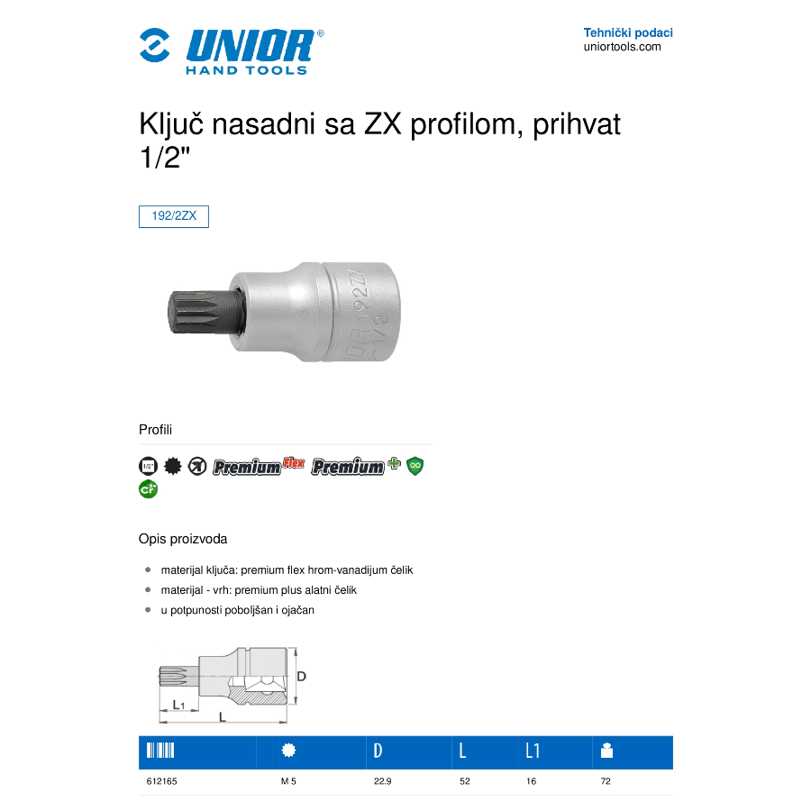 UNIOR KLJUČ NASADNI SA ZX PROFILOM M 14 1/2