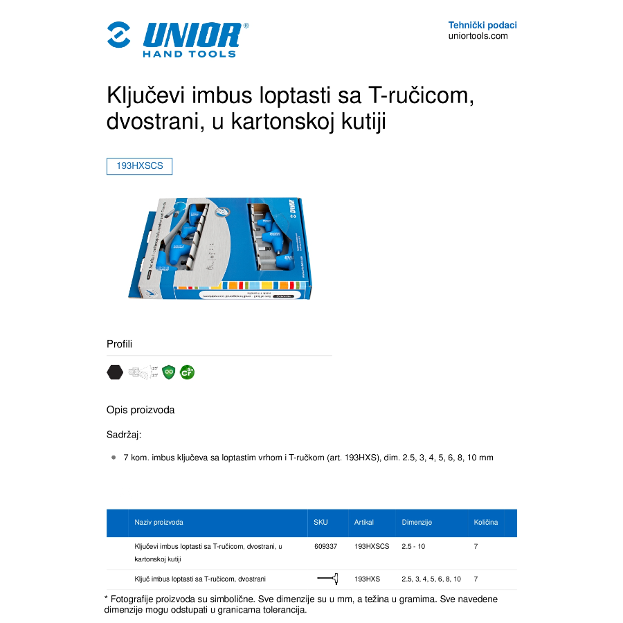 UNIOR GAR KLJUČ IMBUS T-RUČICA 2.5-10/7CS 193HXSCS Ecomex