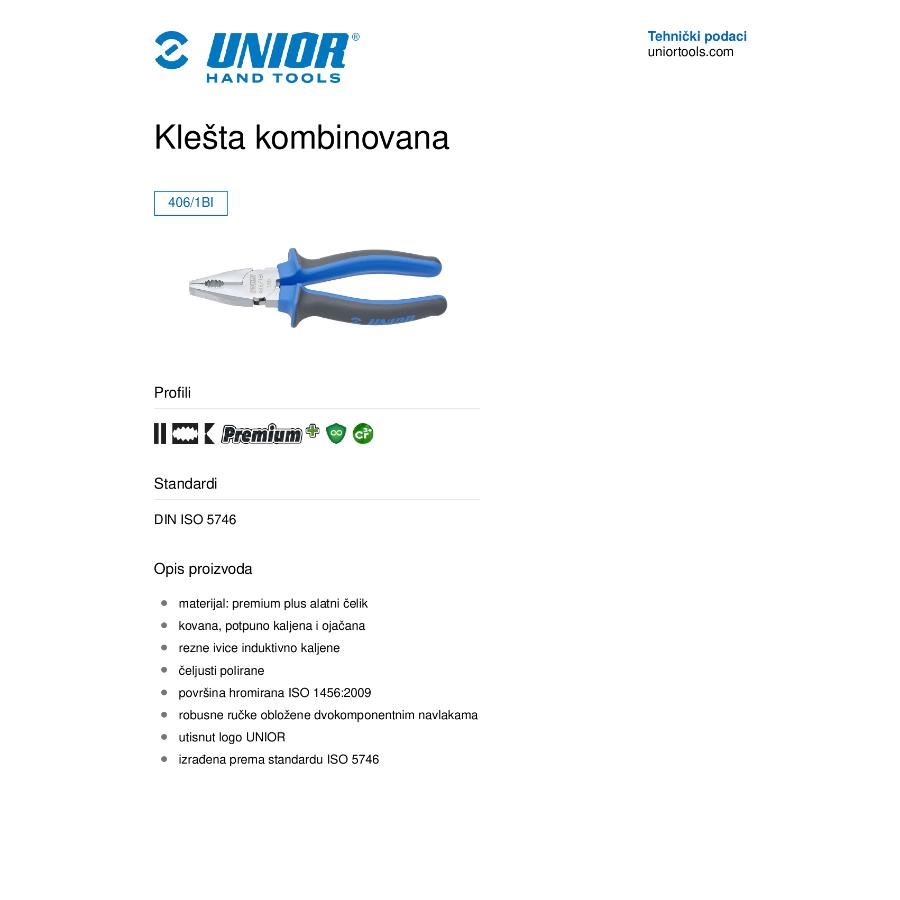 UNIOR KLEŠTA KOMBINOVANA 180 mm U406/1BI Ecomex