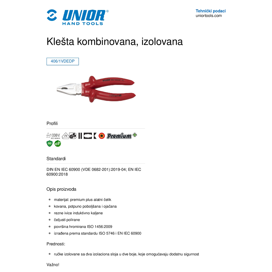 UNIOR KLEŠTA KOMBINOVANA 180 mm U406/1VDEDP Ecomex