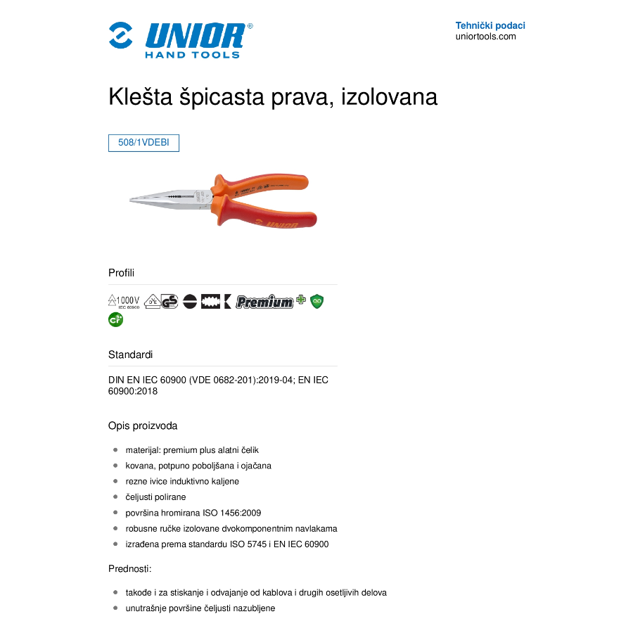 UNIOR KLEŠTA ŠPIC RAVNA 170 U508/1VDEBI Ecomex