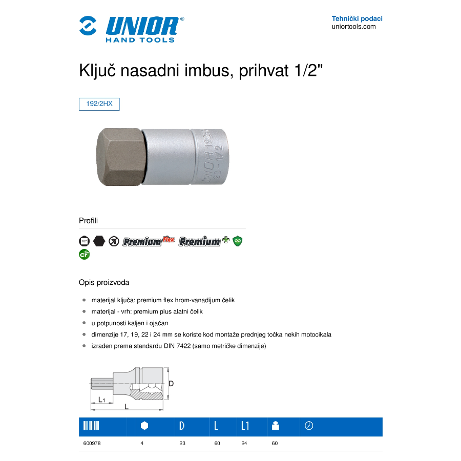 UNIOR KLJUČ NASADNI IMBUS 22 1/2