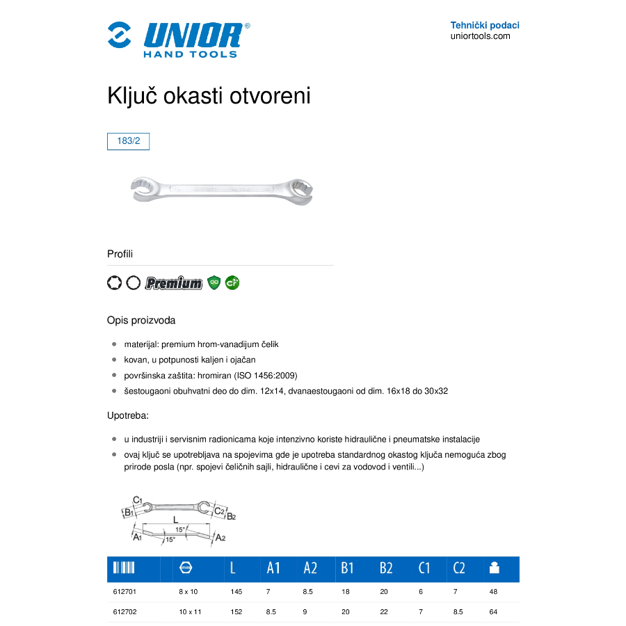 UNIOR KLJUČ OKASTI OTVORENI 16X18 U183/2 Ecomex