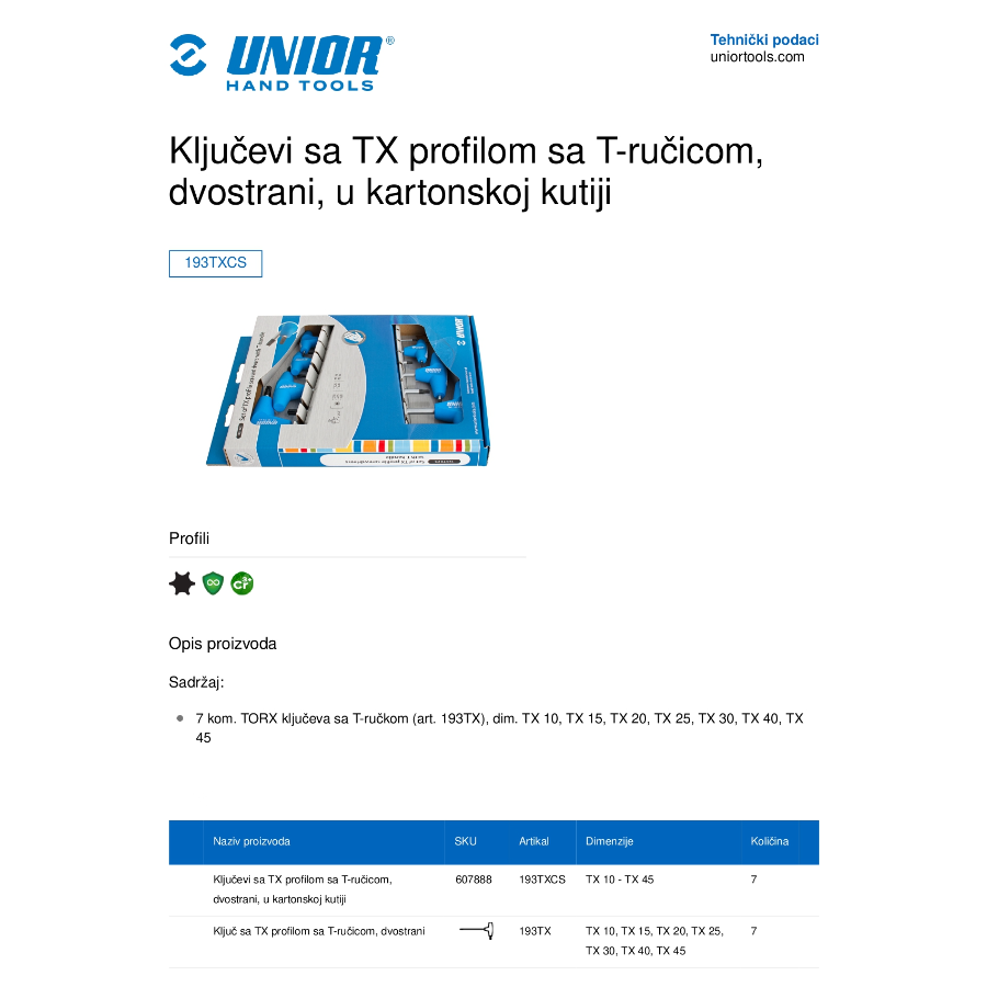 UNIOR KLJUČ SA T-RUČICOM TX PROFIL 10-45/7CS 193TX Ecomex