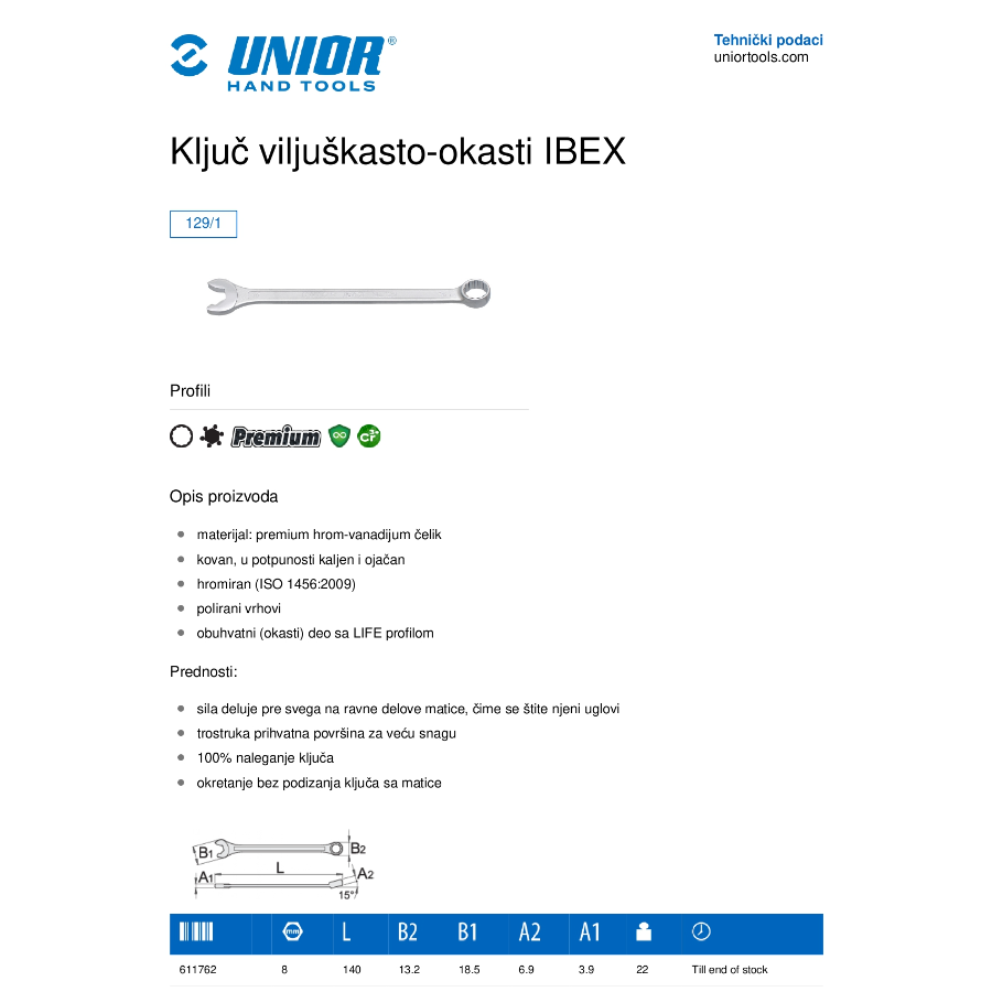 UNIOR KLJUČ VILJUŠKASTO OKASTI IBEX 13 U129/1 Ecomex